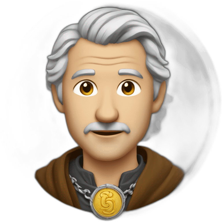 medieval coin engravers guild leader, 50 years old, grey hair, bust, has a necklace with a coin emoji