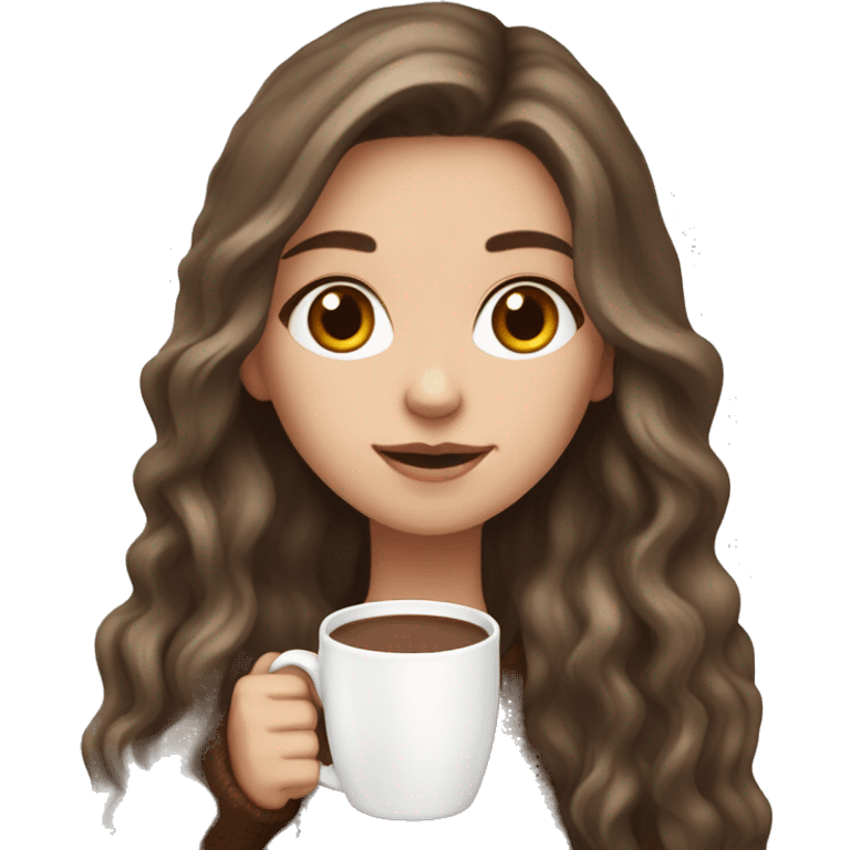 white girl with brown long hair and a hot chocolate emoji