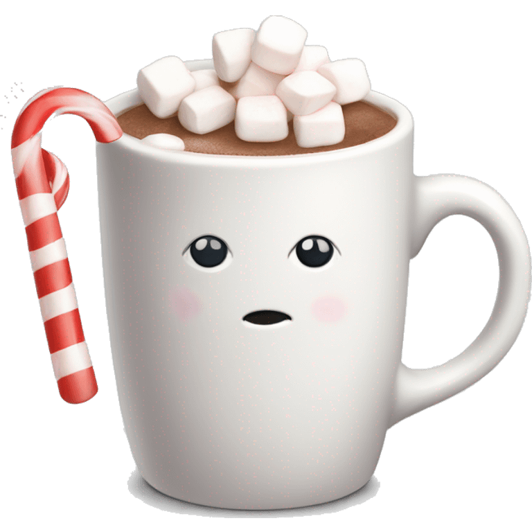 a white mug with hot cocoa that has marshmallows and a candy cane emoji