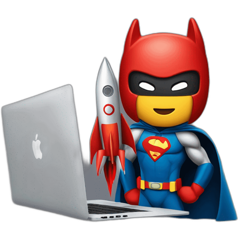 superhero with a rocket emblem sitting in front of his MacBook also with a rocket instead of an apple as the logo emoji