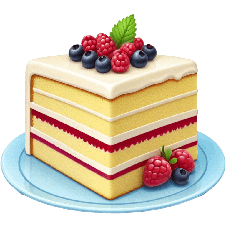 Cinematic luxurious slice of cake, delicate layers of moist sponge and rich frosting, beautifully decorated with fresh berries and a glossy glaze, soft glowing light, elegant and indulgent. emoji