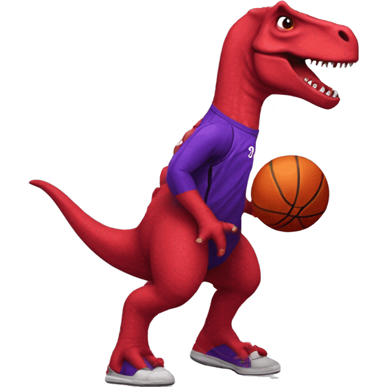 A red dinosaur wearing a purple jersey dribbling a basketball emoji