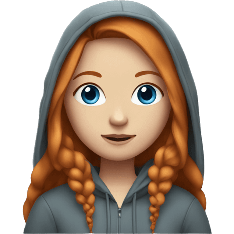 Girl with long ginger hair with a middle part, blue eyes and long eyelashes wearing a hoodie emoji