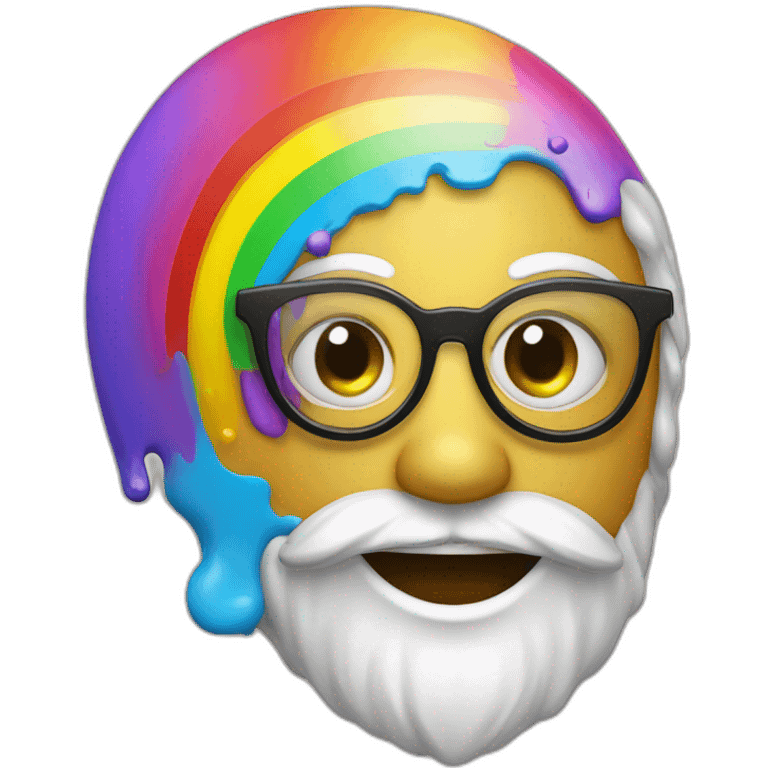 a rainbow with a human face with glasses, a smile and some paint on a artist palette emoji