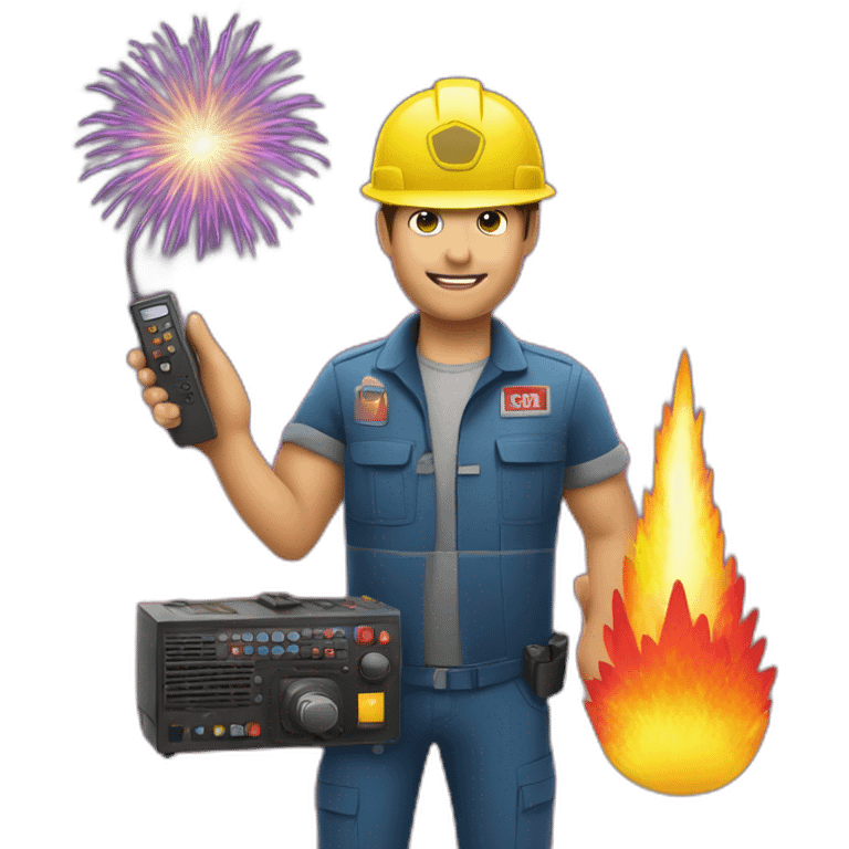 pyrotechnician with remote control and fireworks emoji