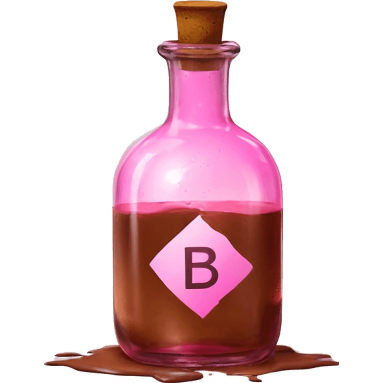 Mysterious Alchemical vintage glass potion bottle, exquisite bottle shape, old and shabby, with label, stylish and minimalistic, brown and pink, oil potion is poured out of the bottle, oil is spilled next to it emoji