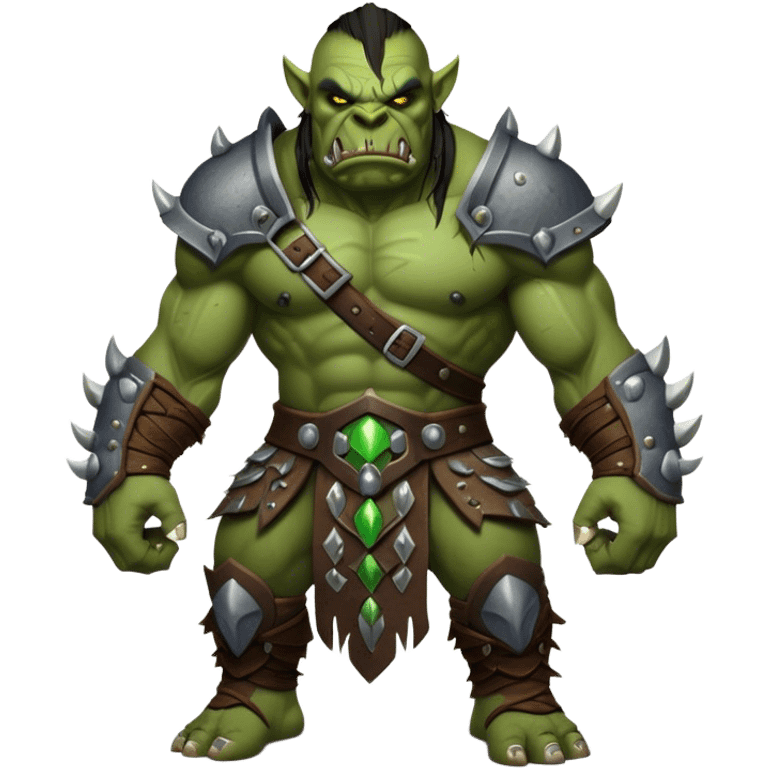 Cinematic Realistic WoW Orc Warrior Portrait, captured in a dynamic, battle-ready stance, muscles bulging beneath intricately detailed tribal armor accented with dark leather and iron. His fierce, determined eyes and battle-scarred green skin are rendered with dramatic natural lighting and high shine, exuding raw, relentless fury in a fierce combat pose. emoji