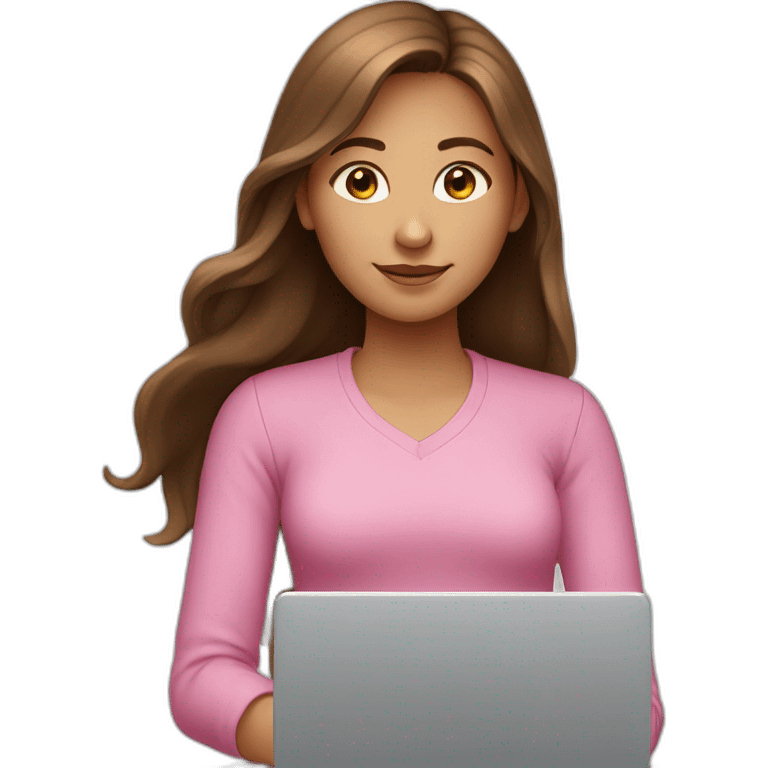 Girl with long brown hair and laptop, pink shirt emoji