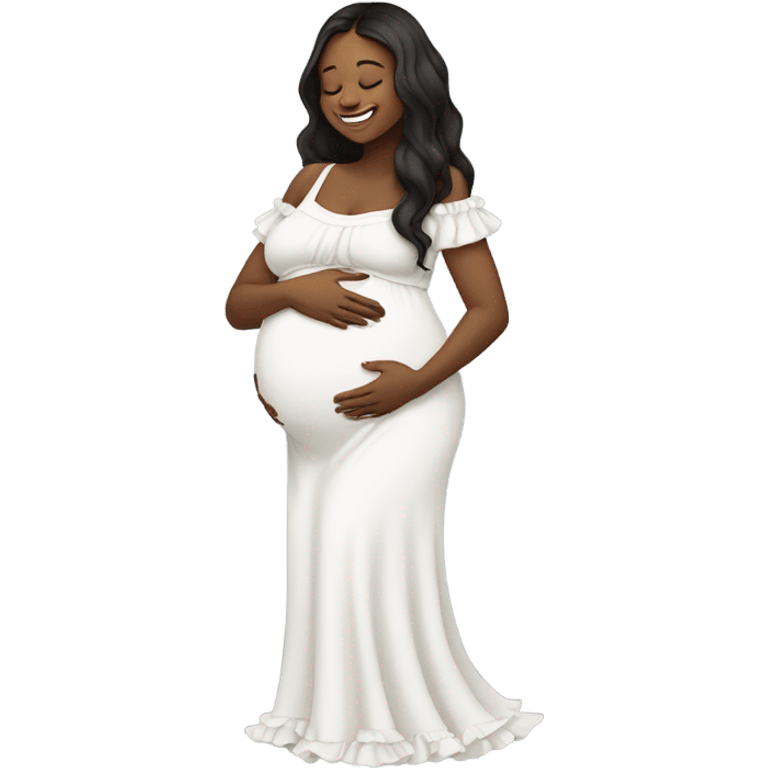 A pregnant girl with long dark hair in a white dress with ruffles looks at her pregnant belly, hugs it with her arms and smiles emoji