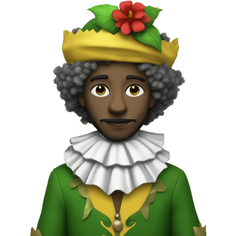 White Person with a half black and yellow jester hat with a red flower ball wearing a half black and yellow jester outfit with a white and grey collar with green eyes and brown fluffy hair emoji