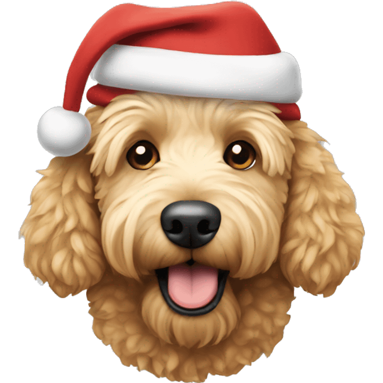 A golden doodle dog wearing a Santa hat emoji