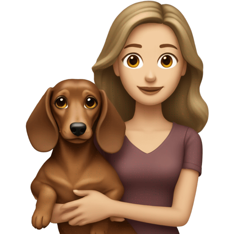 A woman with shoulder length brown hair holding a blonde colored long hair dachshund  emoji