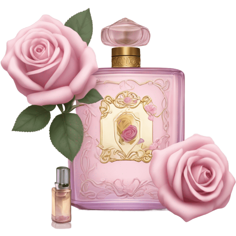 Aesthetic composition of soft pink roses with a vintage-style purple perfume bottle.
 emoji