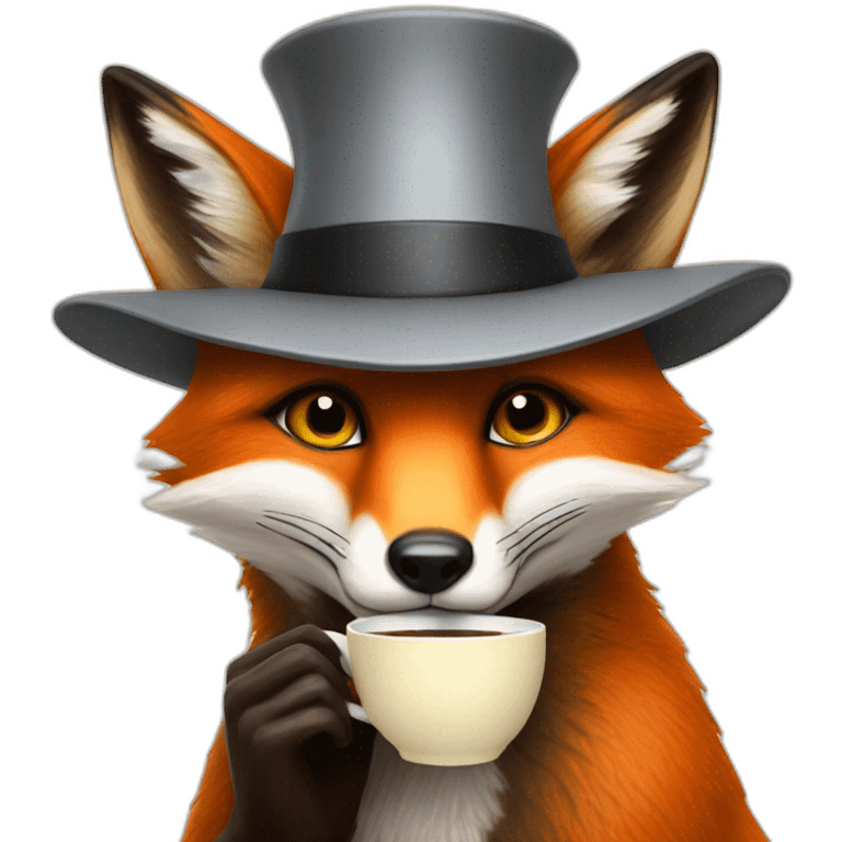 a fox drinking coffee wearing a high hat emoji