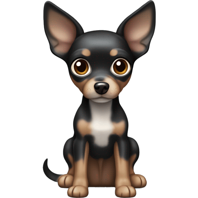 Cute Toy terrier, dark merle color (black, caramel and grey color, grey are spots) with big ears. One eye is dark brown, the other one is half dark brown half blue emoji