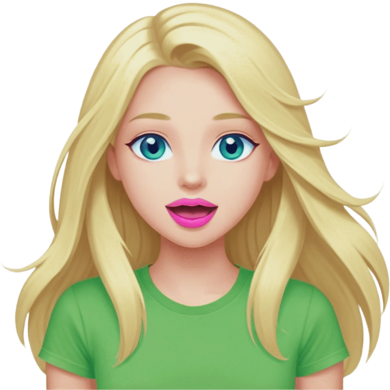 Cinematic realistic blonde with long hair, blue eyes and pink lips, dressed in a green T-shirt, rejoices emoji