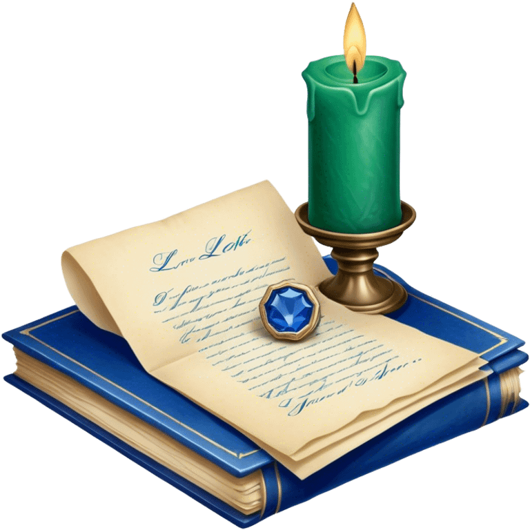 A charming still life of a love blletter sealed with a deep green wax stamp, placed beside a vintage glass candle in sapphire blue. emoji