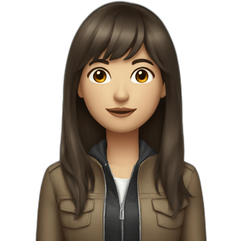 brunette girl with long hair and bangs in a jacket emoji