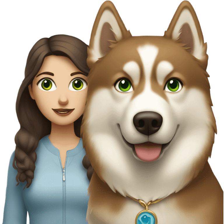 Brown hair  woman with blue eyes with a golden Husky with green eyes emoji