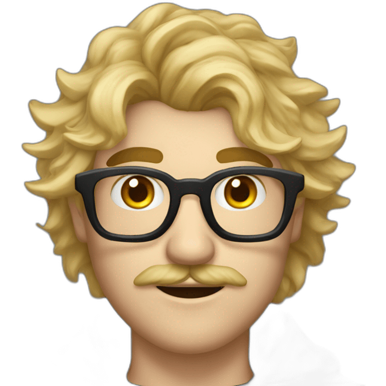 A man with blond messy hair and a mustache, wearing a black squared shaped eye glasses, a black witch hat and black  robe emoji