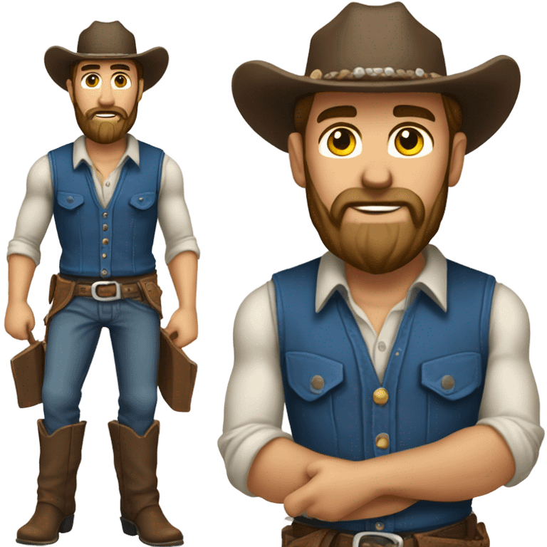 a rugged cowboy with a thick beard, wearing a blue vest over a classic western shirt. He should have a confident stance, showing full torso emoji