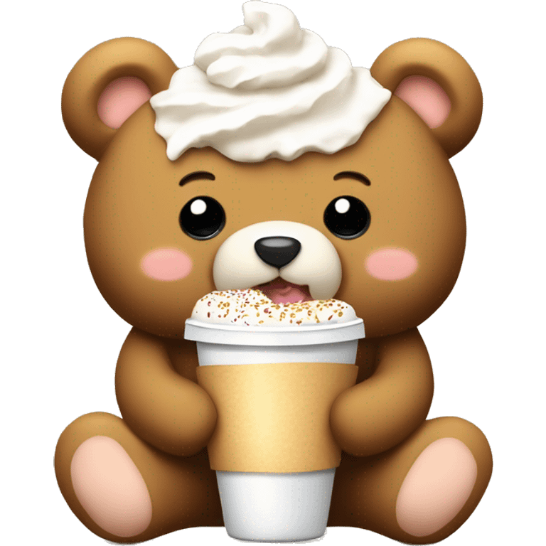 A fluffy teddy bear that is cream colored eating a croissant and a hot coco with whip cream and sprinkle  emoji