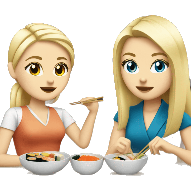 Blonde white girl with blue eyes eating sushi with brunette friend sitting in a table emoji