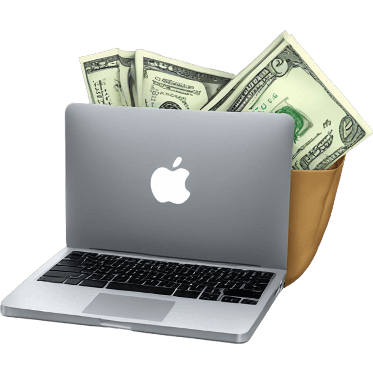 AN GRAY LAPTOP LIKE MACBOOK WITH SOME MONEY BAG BEHIND emoji