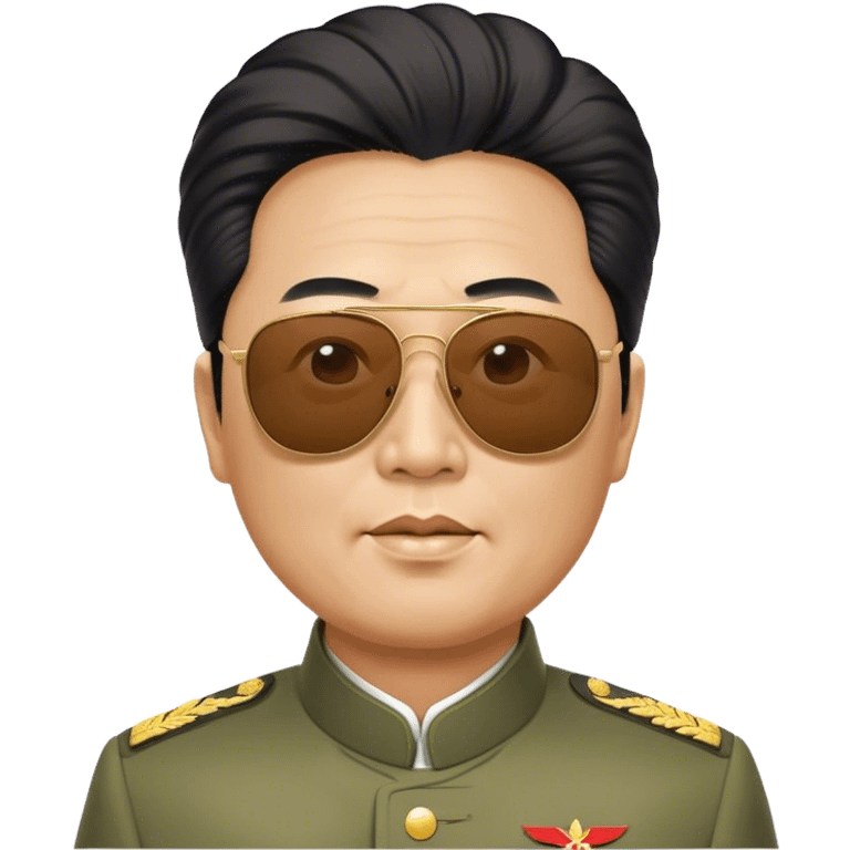 Middle aged comrade Kim Jung Il wearing mao suit and large sunglasses with his hair swept up by the wind emoji