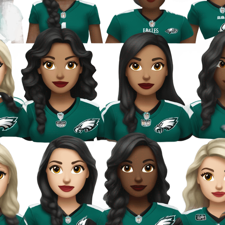 White female long dark hair red lips wearing Philadelphia Eagles jersey emoji