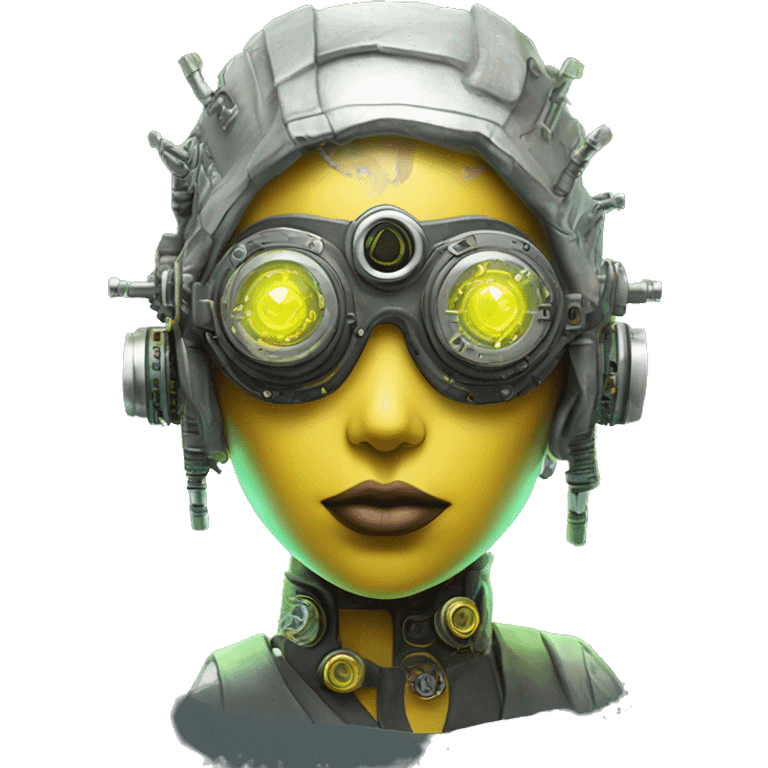 Neon yellow bobbed hair Latina female cyborg head with silver steampunk goggles and circuits emoji