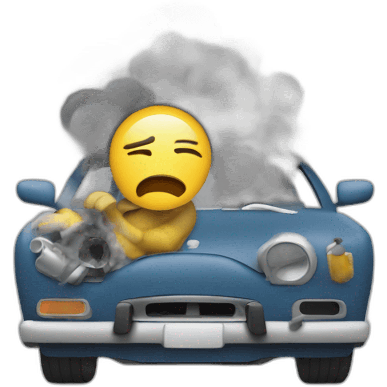 A frustrated user in a broken car, that is expelling smoke from the engine emoji