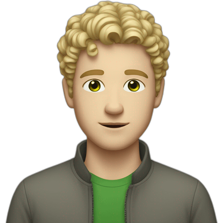 young adult white man with short, curly blond hair, green eyes emoji