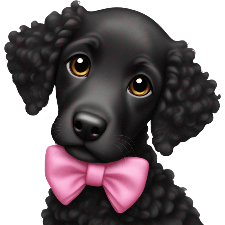 female black curly retriever puppy with pink bows above her ears emoji