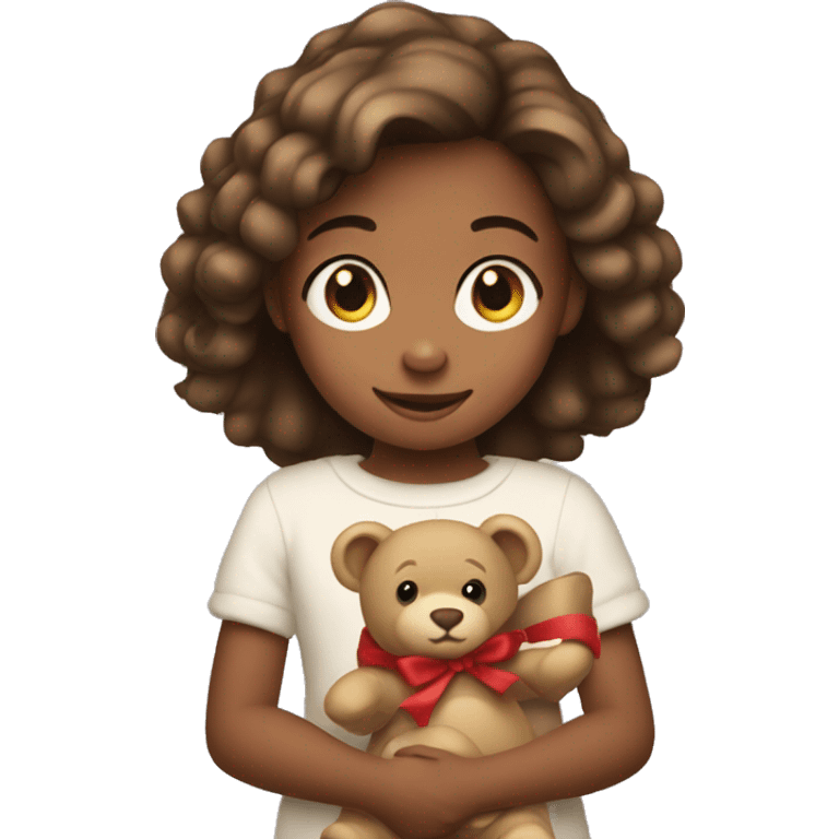 Little girl holding a teddy bear near the Christmas tree emoji