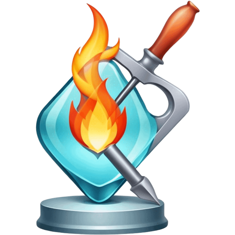 Glassworking icon, piece of glass being shaped with tools, glass cutter, flame for glassblowing, smooth edges, sparkling texture, minimalistic style, clean lines, transparent background. emoji