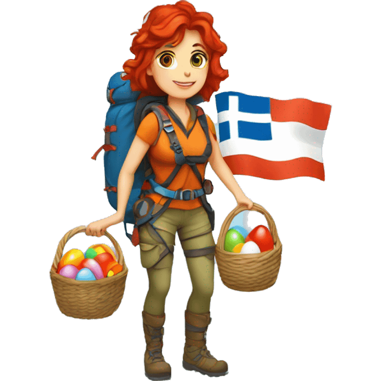 Female winter mountain climber red loose hair climbing with Greek flag on backpack and holding Easter eggs basket emoji