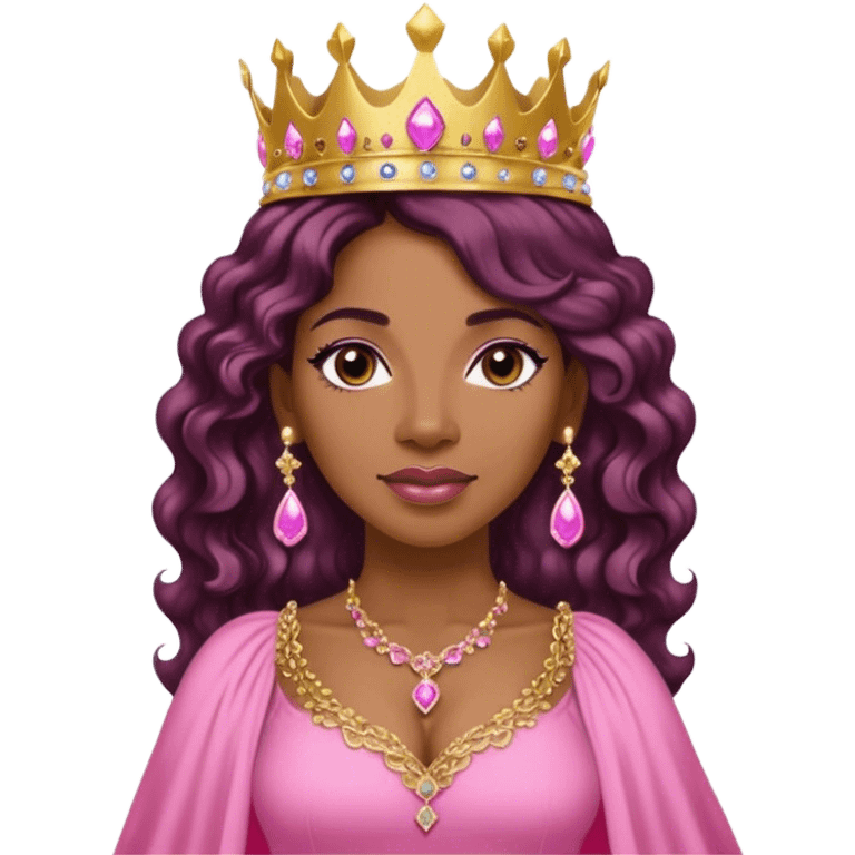 Crown TONE 4 black women with long WAVY hair pink dress pink crown facing forward black hair middle age adult woman gold gems in crown gold earrings  one woman emoji