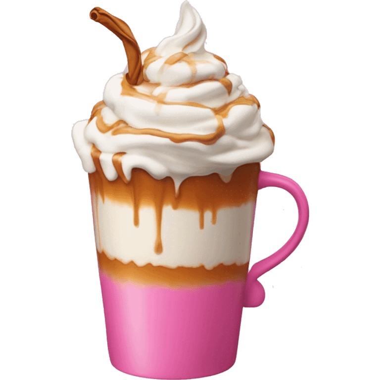 A hot drink with caramel dripping and whipped cream in a pink cup  emoji