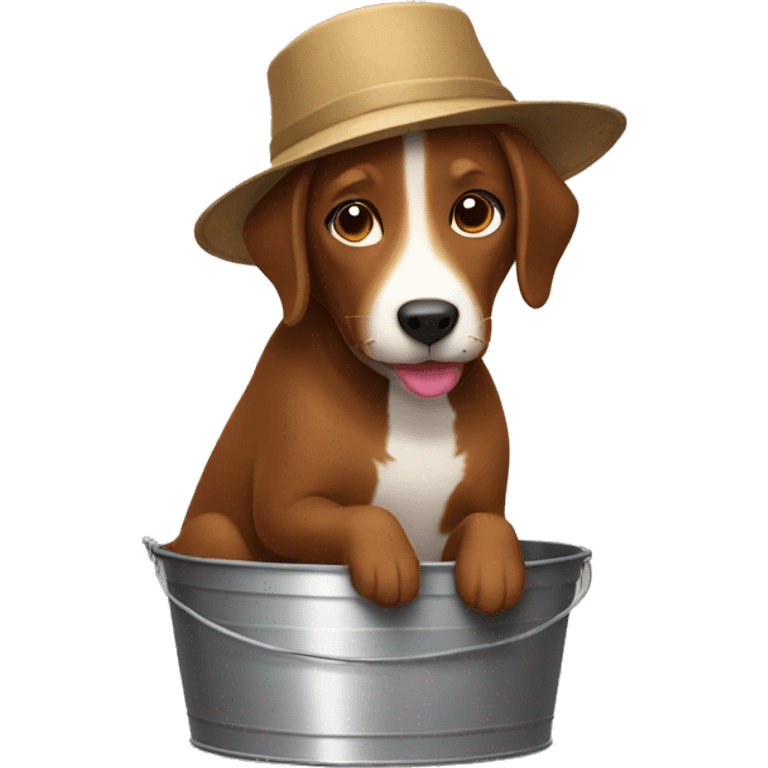 Brown dog wearing a bucket emoji