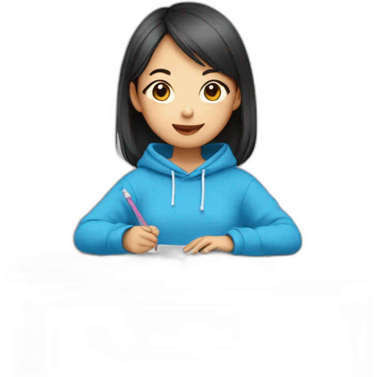 Cute asian girl doing lessons in a blue sweatshirt emoji