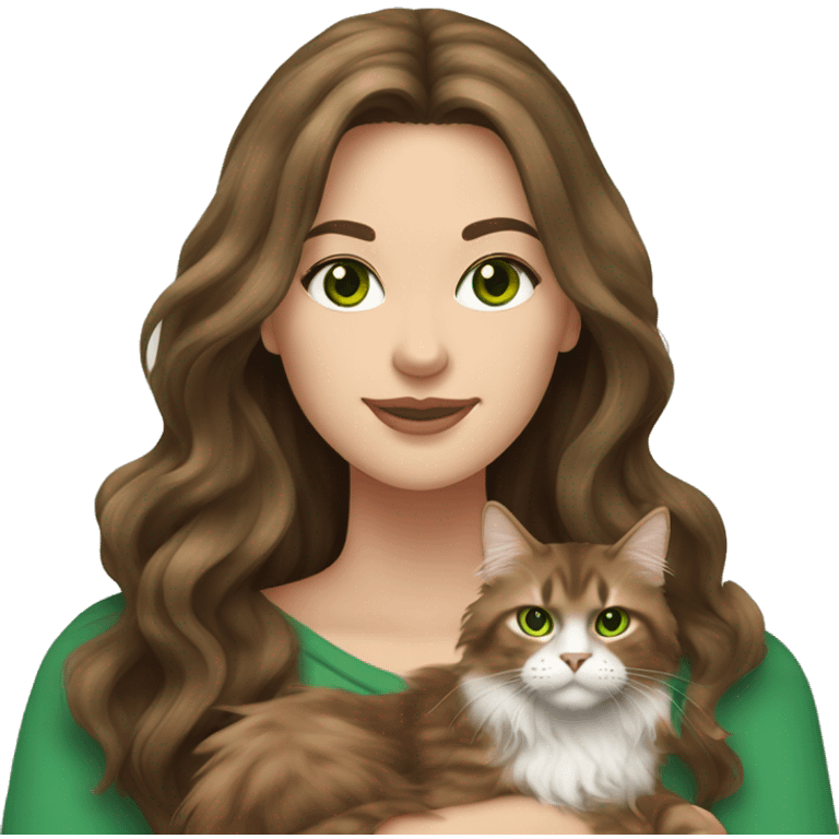 White brunette long wavy hair woman with green eyes holding a brown Maine coon cat  emoji