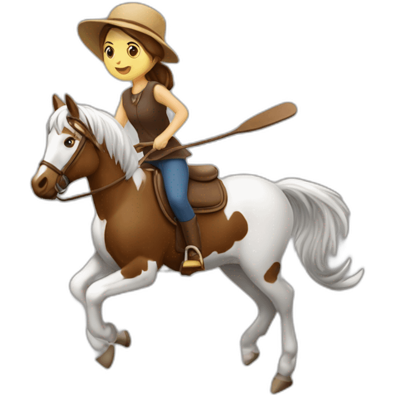 Fille saute avec un balai avec tête de cheval emoji