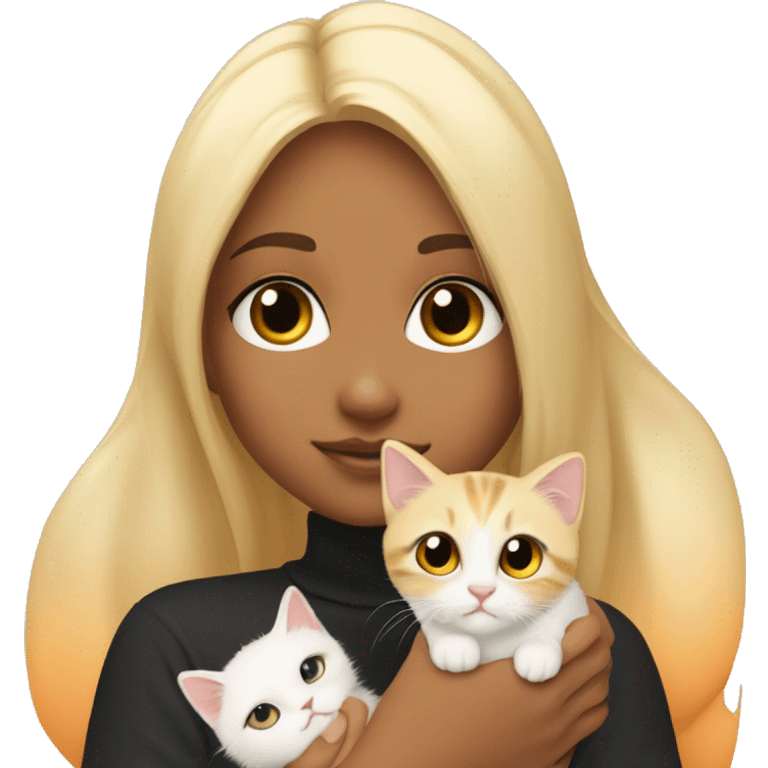 A blonde girl holding a calico kitten but with less spots ( orange and black spots) with a ྀིྀི on the kittens head Christmas vibe emoji