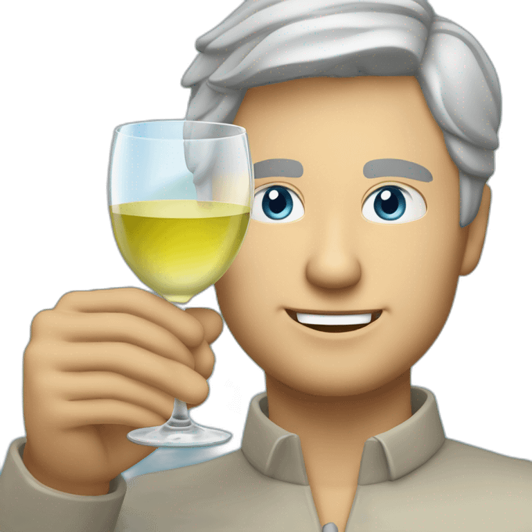 a caucasian man with blue eyes and short grey hair, toasting with a glass of white wine emoji