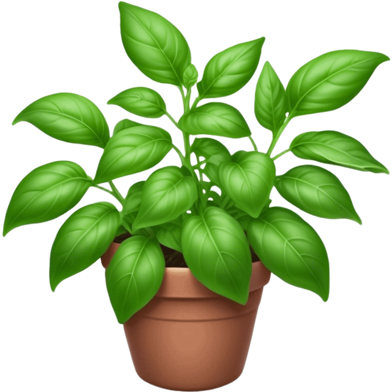 Cinematic Realistic Basil Emoji, Lush and fragrant, with vibrant green leaves that release a fresh, herbal aroma. The soft, glossy leaves are delicately arranged along slender stems, exuding vitality and flavor. Soft glowing outline, capturing the essence of freshness, growth, and aromatic delight in a blossoming basil plant! emoji