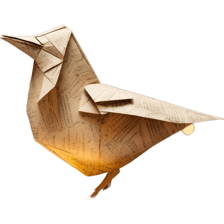 Sparkling patterned Beige Origami bird with a dried flower in beak made of newspapers intricate patterns surrounded by fairy lights emoji