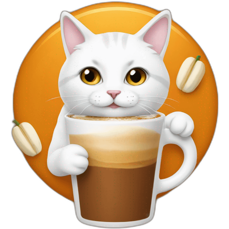 white cat drinking pumpkin spice latte emoji