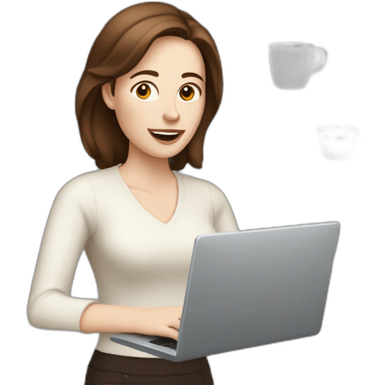 woman with pale skin and brown hair on a computer juggling with coffee cups emoji