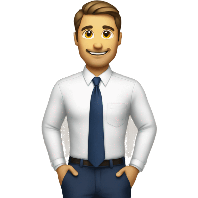 A man with white shirt navy blue tie raising a board emoji